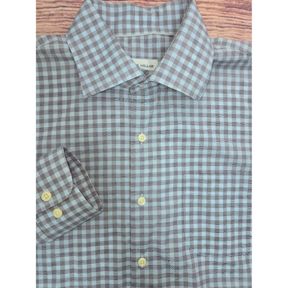 Peter Millar Mens Blue Check Dress Shirt Large - Picture 4 of 7